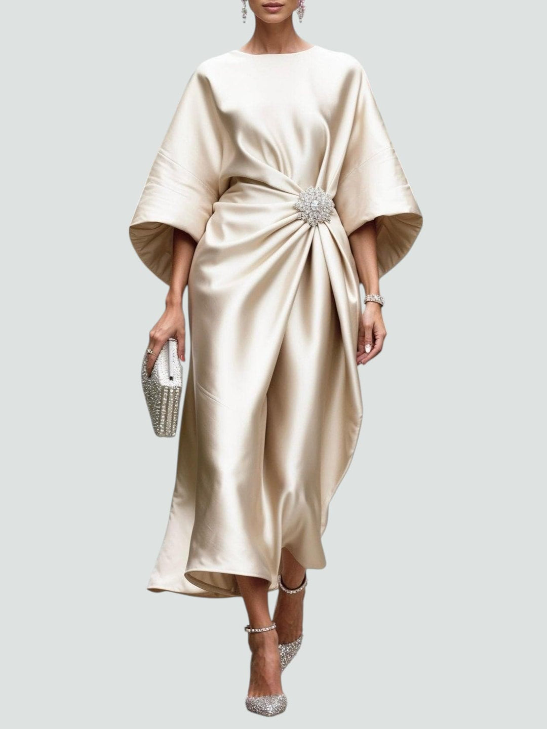 Eva | Womens Draped Batwing Sleeve Midi Dress