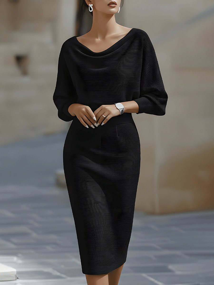 Eleanor | Women's Boat Neck Batwing Sleeve Midi Bodycon Dress