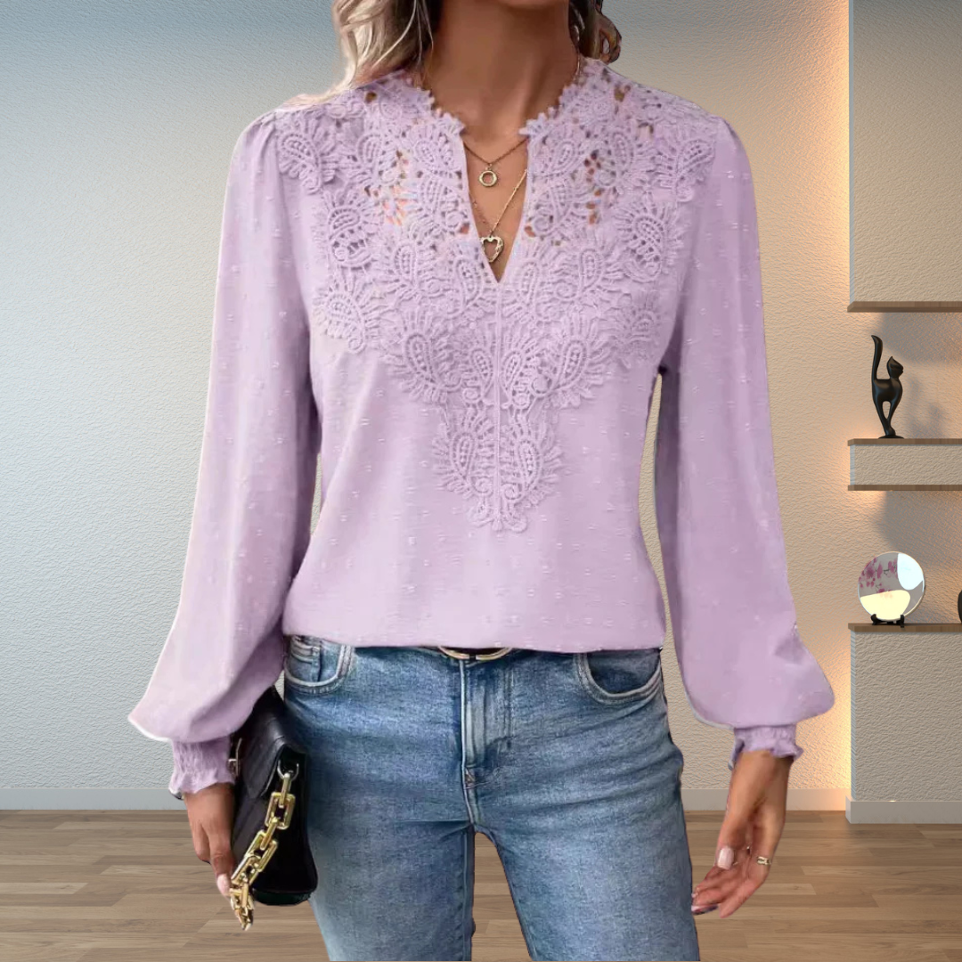 Darcey | Women's V Neck Long Sleeve Floral Detail Blouse Top