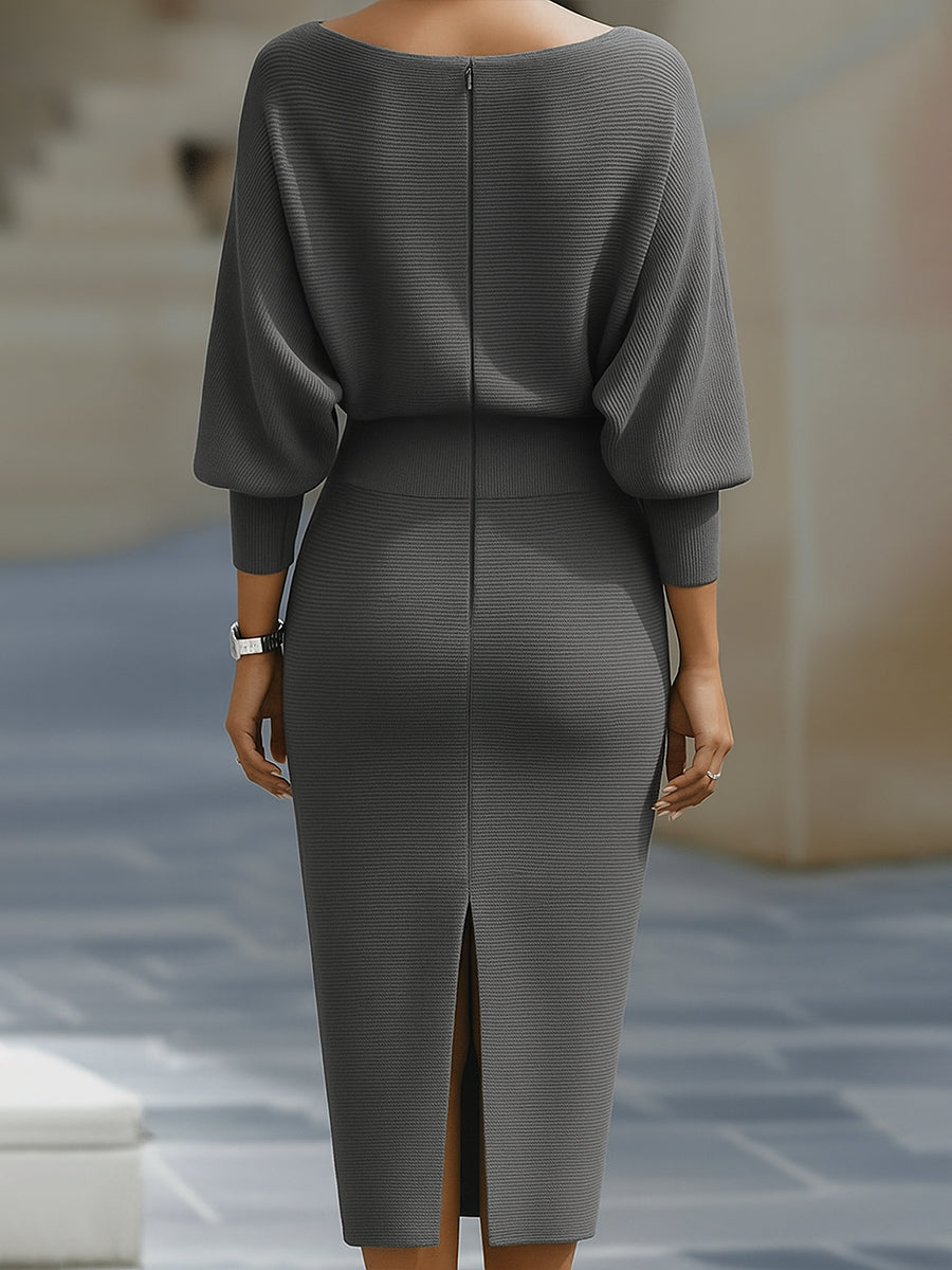Eleanor | Women's Boat Neck Batwing Sleeve Midi Bodycon Dress