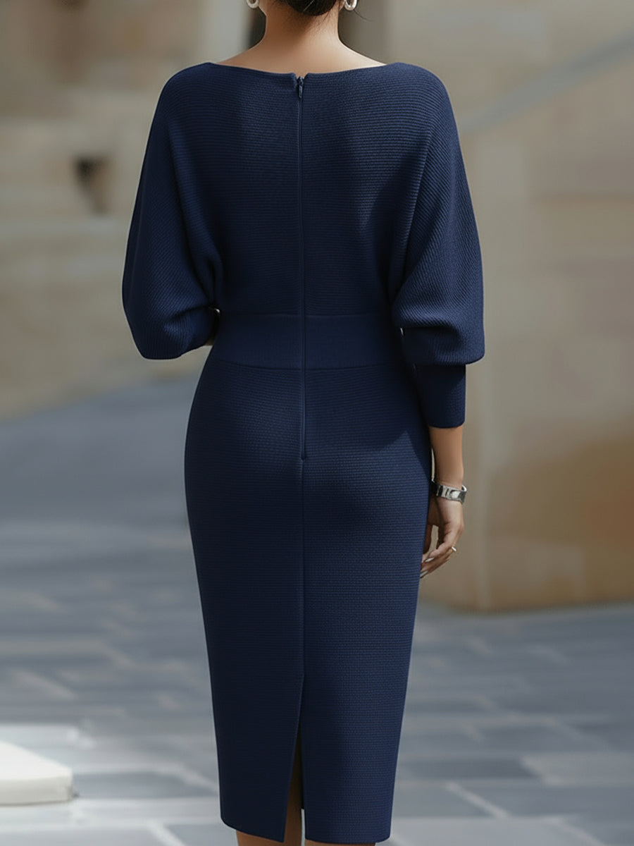 Eleanor | Women's Boat Neck Batwing Sleeve Midi Bodycon Dress