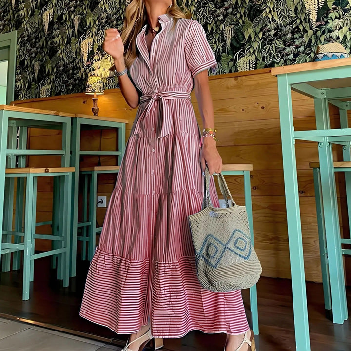 Evelyn | Women's Striped Button-Down Tiered Maxi Dress