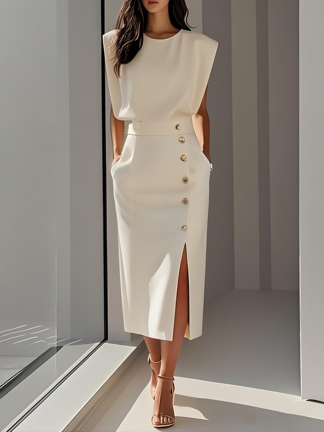 Audrey | Women’s Button Detail Sleeveless Midi Dress