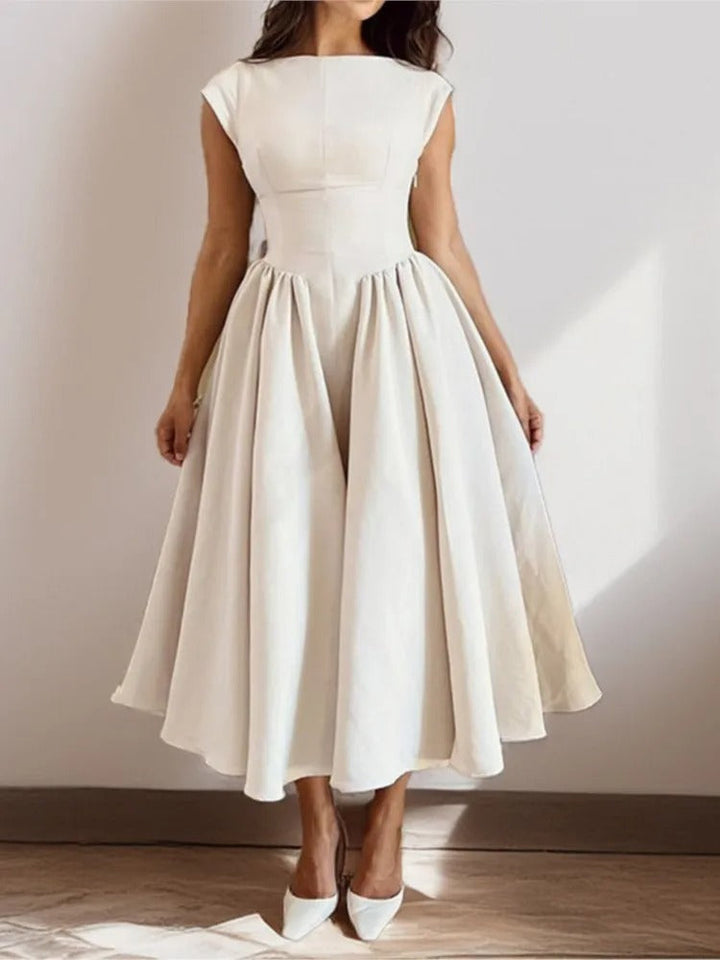 Mia | Women's Bateau-Neck Cap-Sleeve Full-Skirt Satin Midi Dress