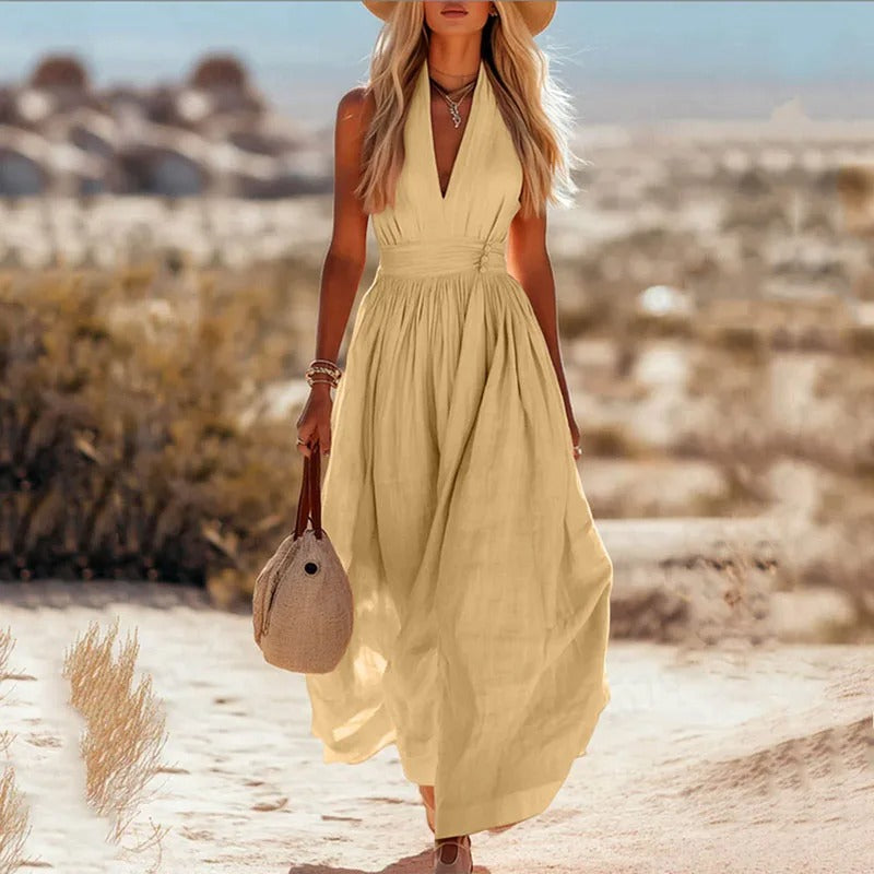 Ava | Women's Boho Cotton-Linen Halter Maxi Dress