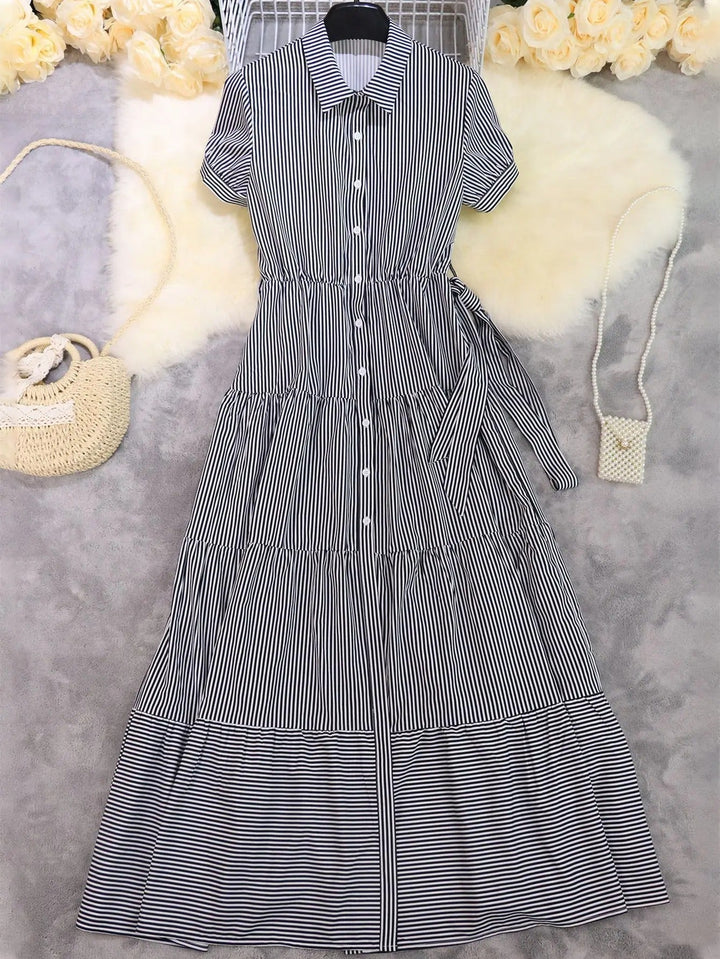 Evelyn | Women's Striped Button-Down Tiered Maxi Dress