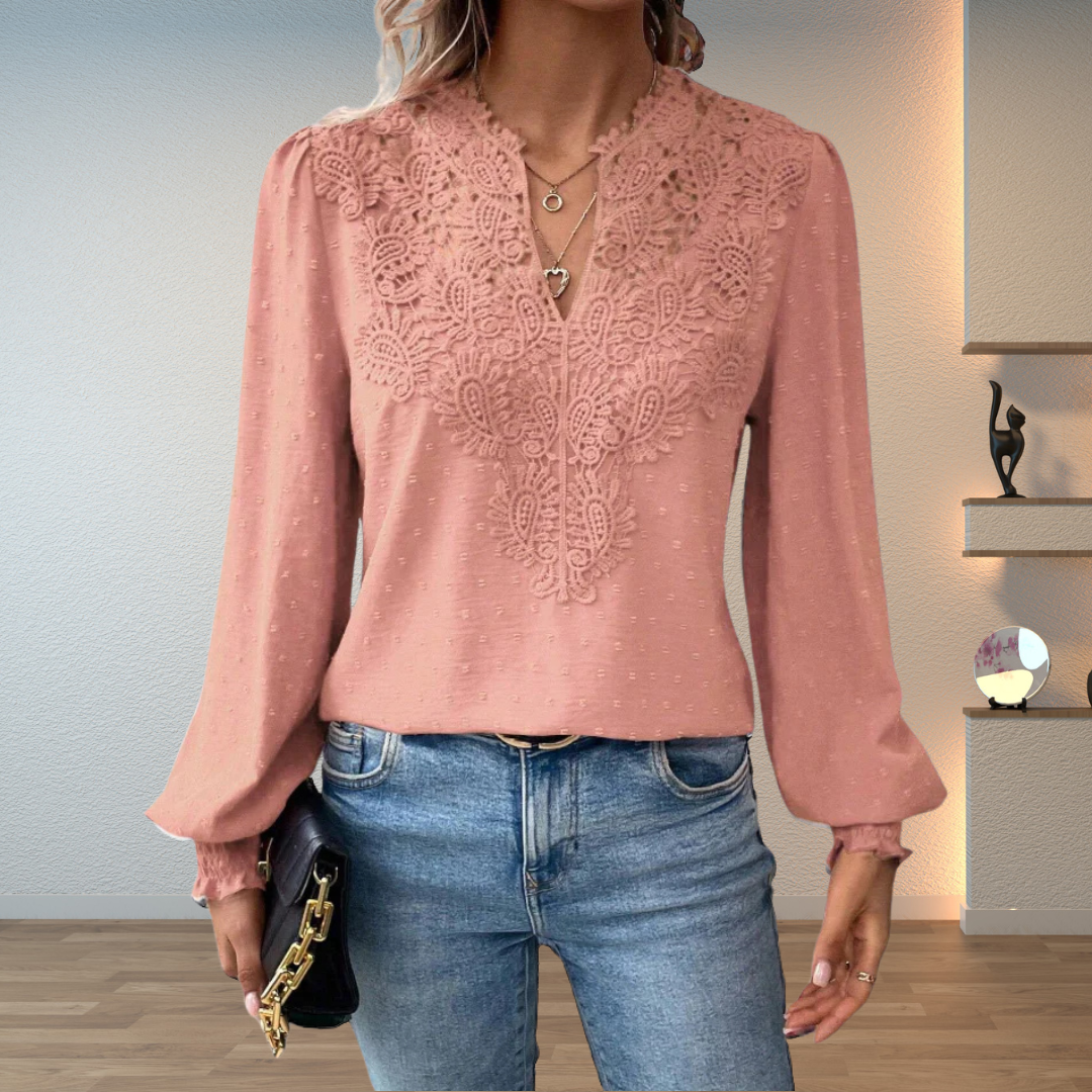 Darcey | Women's V Neck Long Sleeve Floral Detail Blouse Top