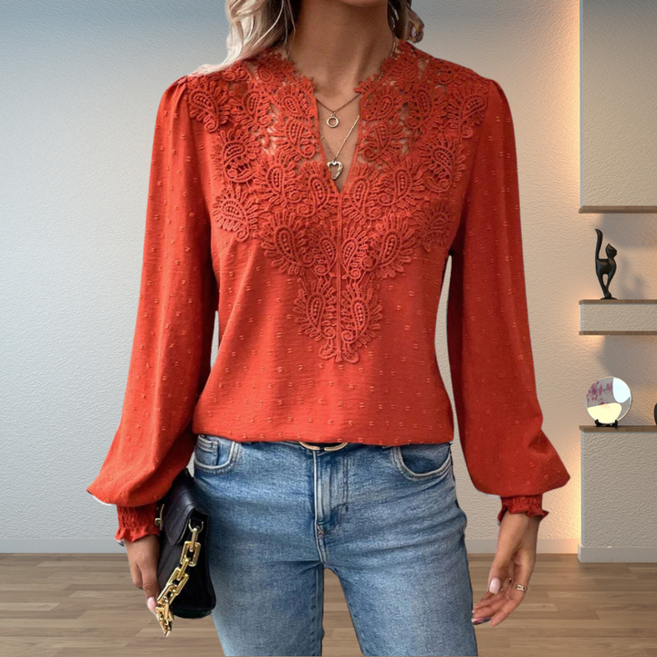 Darcey | Women's V Neck Long Sleeve Floral Detail Blouse Top