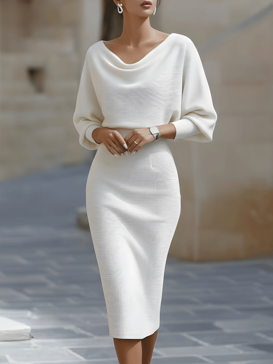 Eleanor | Women's Boat Neck Batwing Sleeve Midi Bodycon Dress