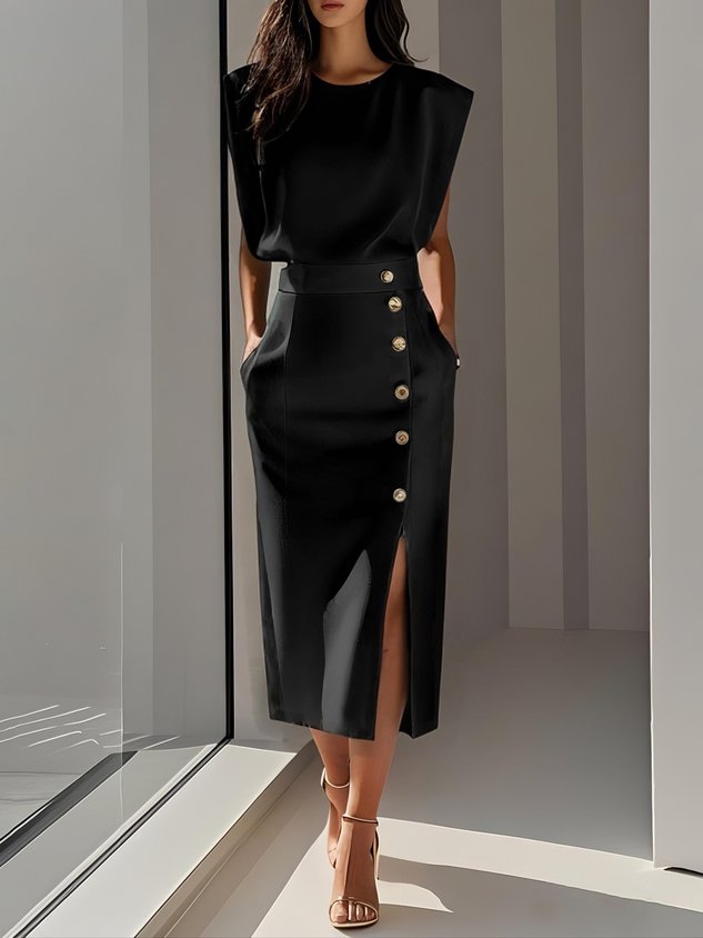 Audrey | Women’s Button Detail Sleeveless Midi Dress