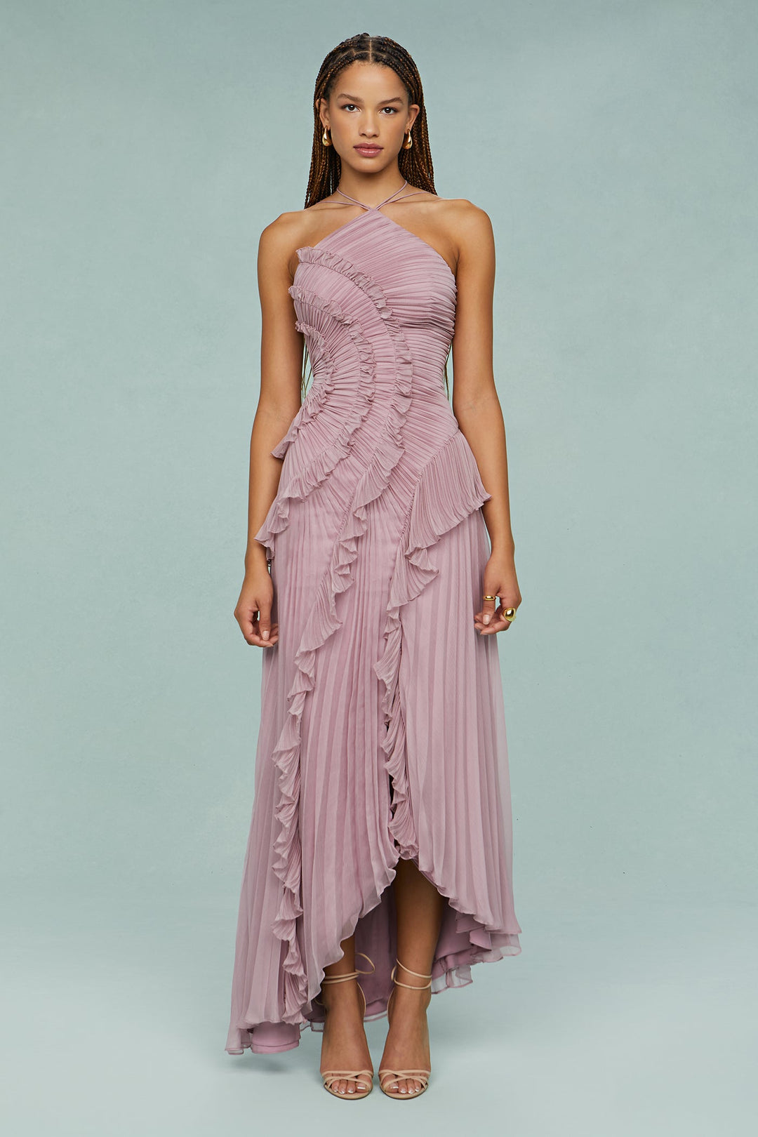 Heidi | Women’s Pleated Ruffle Halter Midi Dress