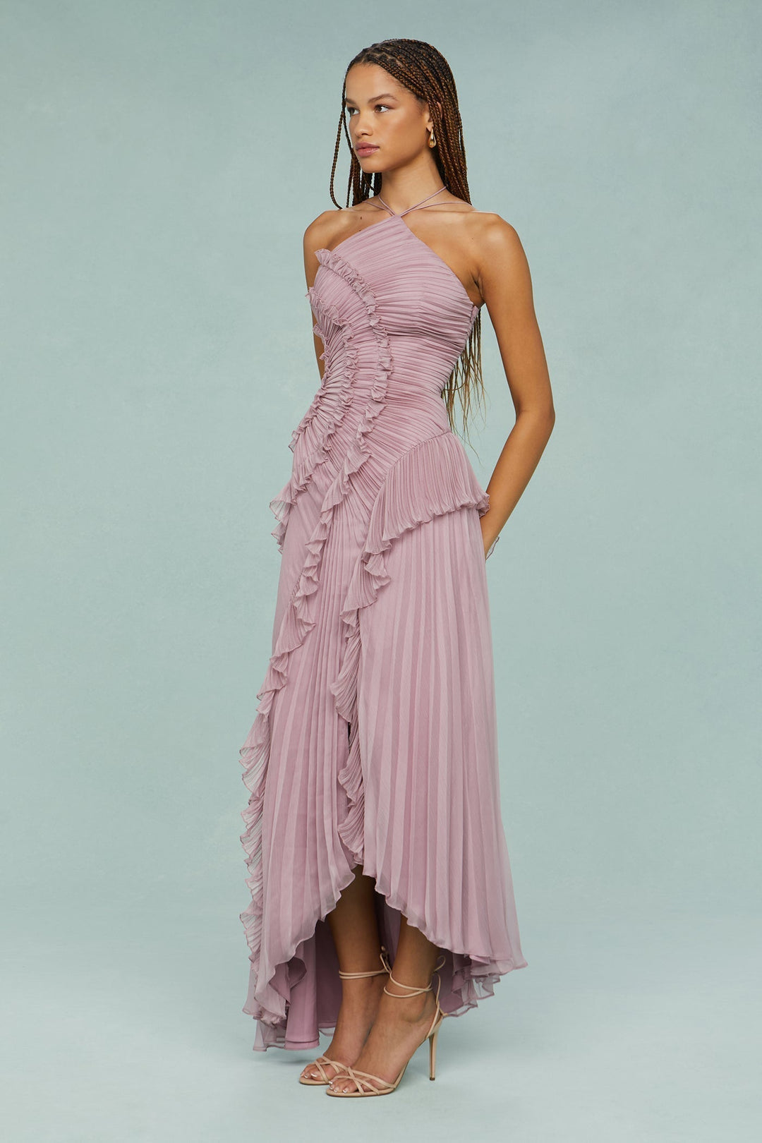 Heidi | Women’s Pleated Ruffle Halter Midi Dress