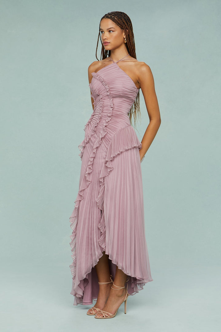 Heidi | Women’s Pleated Ruffle Halter Midi Dress