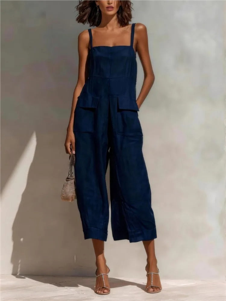 Emily | Women's Belted Linen Midi Dress Cargo Pockets