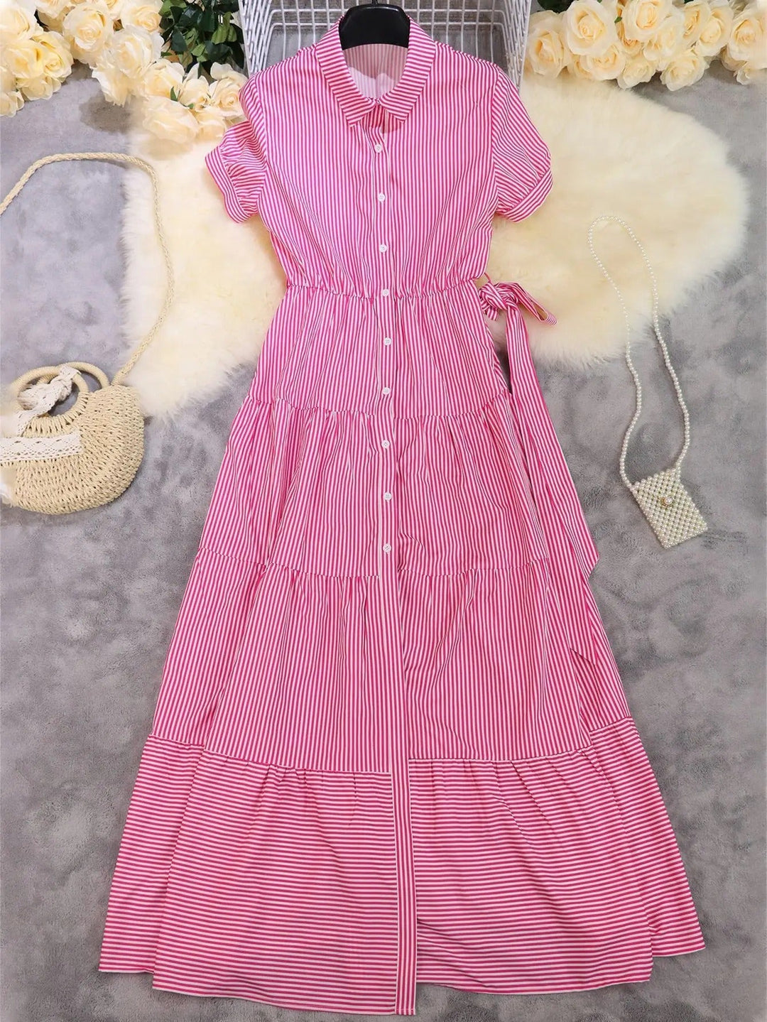 Evelyn | Women's Striped Button-Down Tiered Maxi Dress
