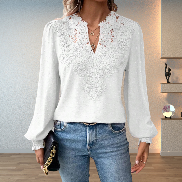 Darcey | Women's V Neck Long Sleeve Floral Detail Blouse Top