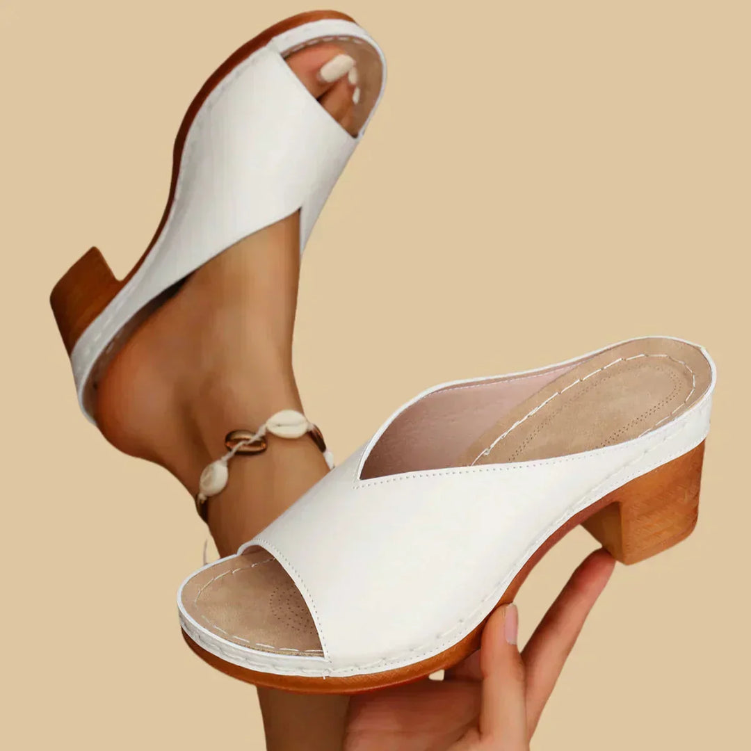 Catherine | Women's Open Toe Slip On Block Heel Mules