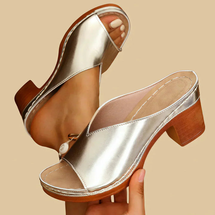 Catherine | Women's Open Toe Slip On Block Heel Mules