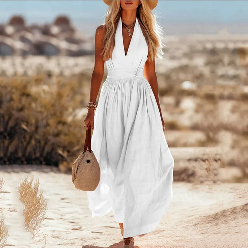 Ava | Women's Boho Cotton-Linen Halter Maxi Dress