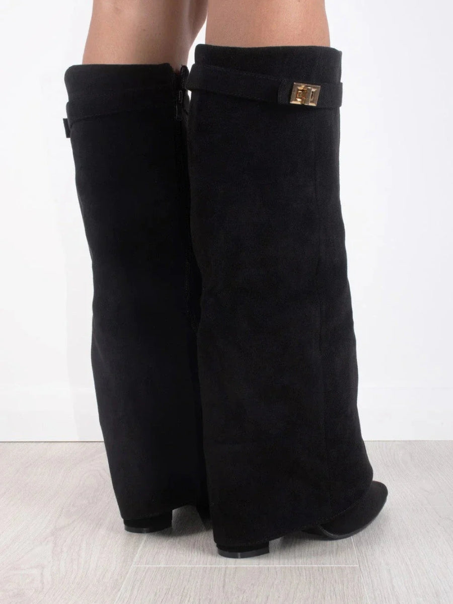 Clara | Wide Leg Folded Leather Heel Boots