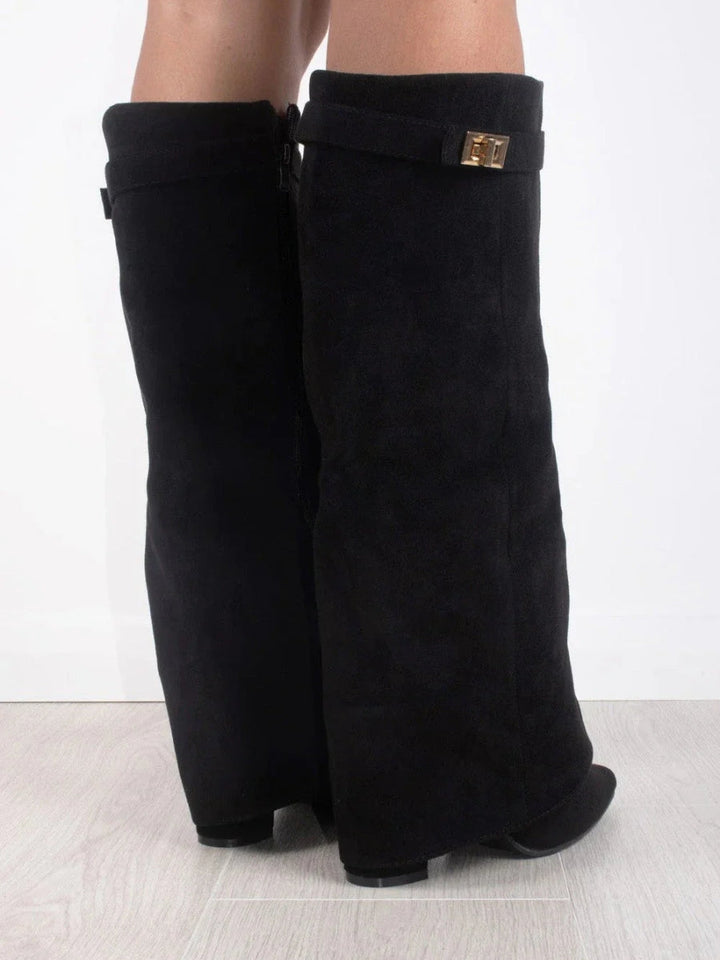 Clara | Wide Leg Folded Leather Heel Boots