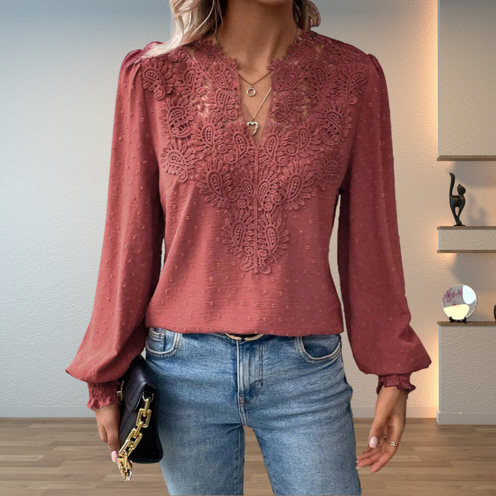 Darcey | Women's V Neck Long Sleeve Floral Detail Blouse Top