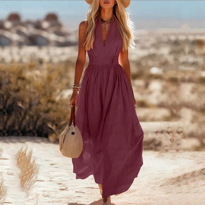 Ava | Women's Boho Cotton-Linen Halter Maxi Dress