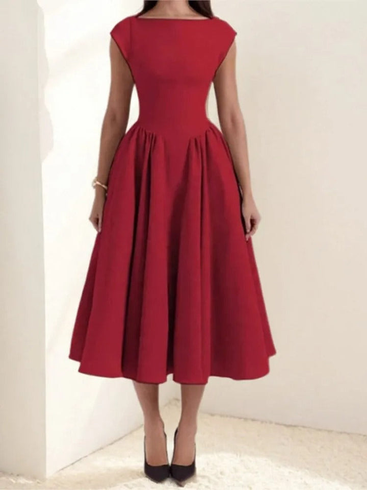 Mia | Women's Bateau-Neck Cap-Sleeve Full-Skirt Satin Midi Dress