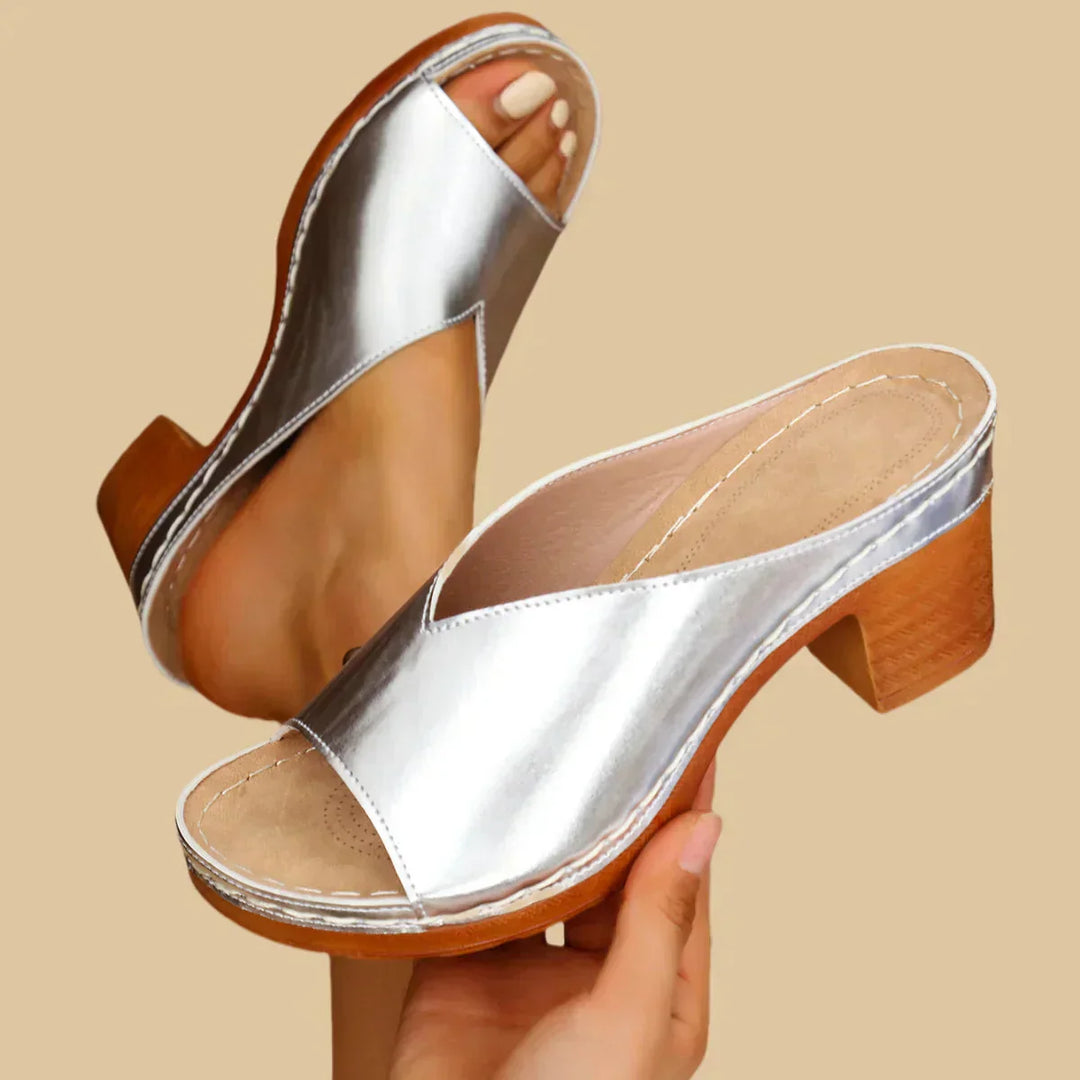 Catherine | Women's Open Toe Slip On Block Heel Mules