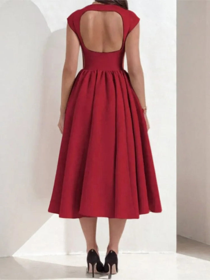 Mia | Women's Bateau-Neck Cap-Sleeve Full-Skirt Satin Midi Dress