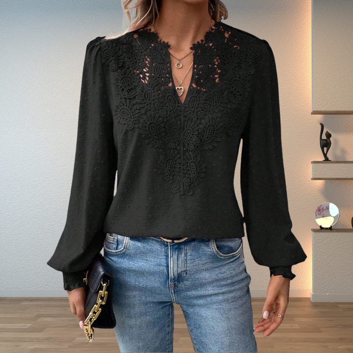 Darcey | Women's V Neck Long Sleeve Floral Detail Blouse Top