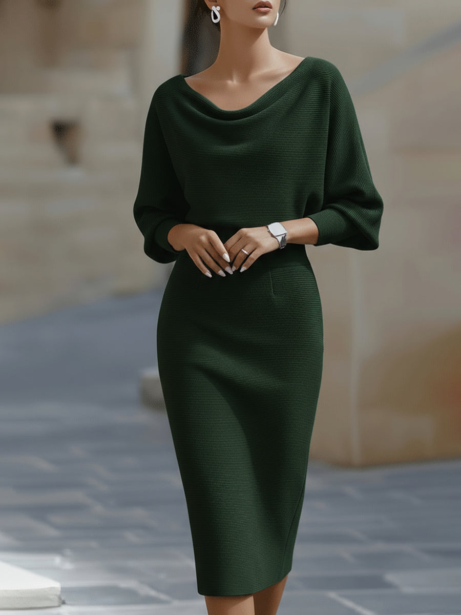 Eleanor | Women's Boat Neck Batwing Sleeve Midi Bodycon Dress