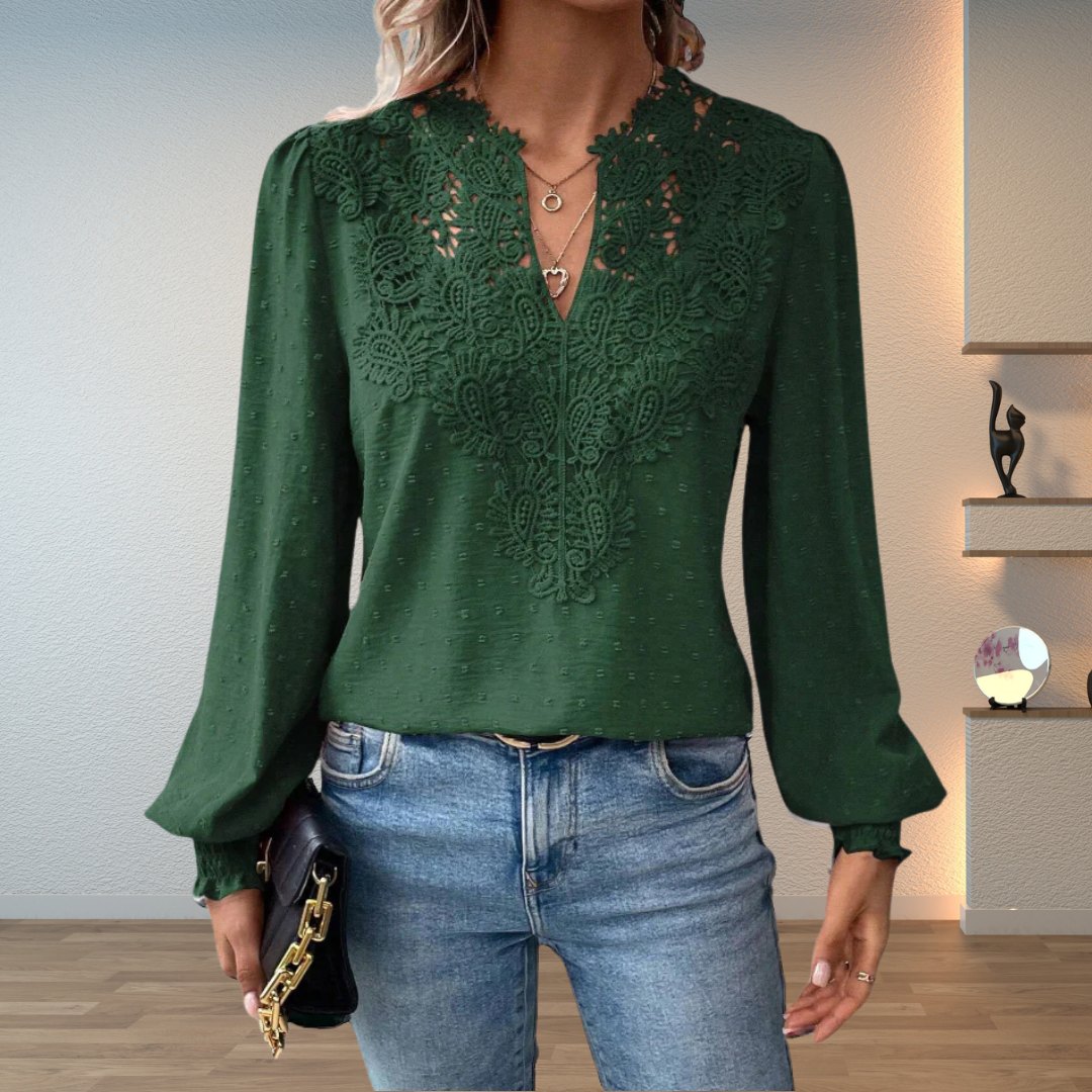 Darcey | Women's V Neck Long Sleeve Floral Detail Blouse Top
