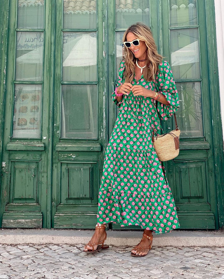 Grace | Women’s Printed V Neck Flowy Maxi Dress