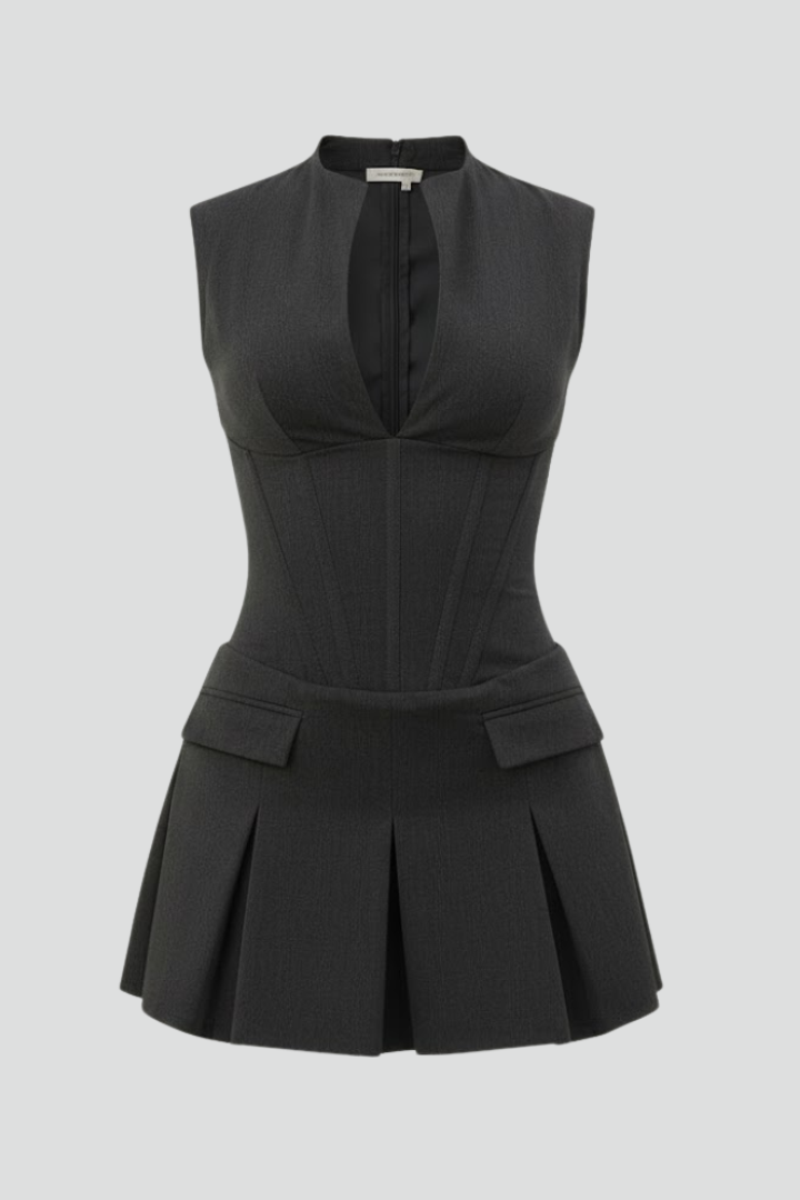 Clara | Women’s Pleated Skirt Mini Dress with Plunge Neck