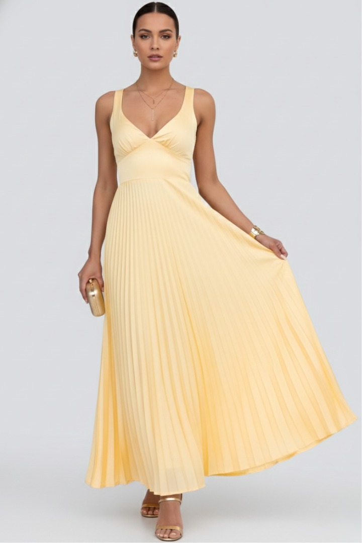Sophia | Women’s V-Neck Pleated Skirt Maxi Dress