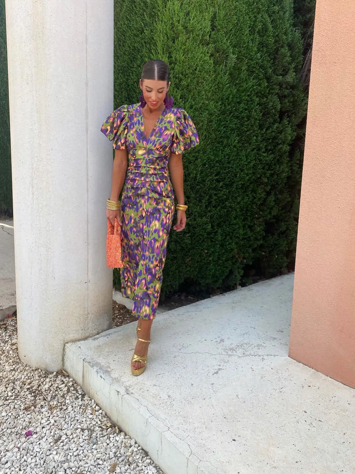 Natalie | Women’s Summer Printed Puff Sleeve Midi Dress