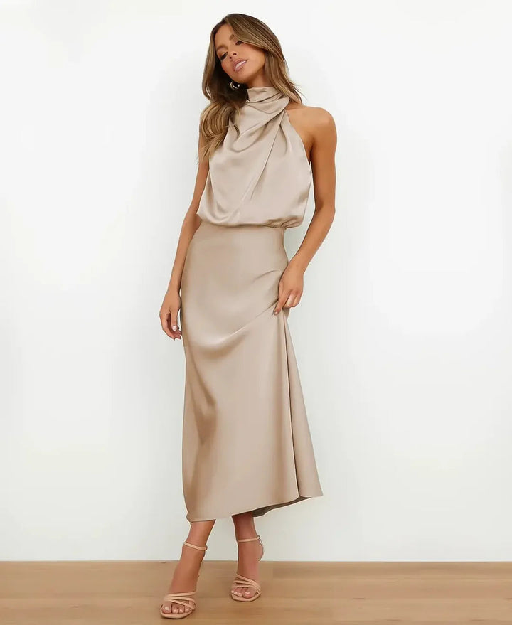 Catherine | Women’s Satin Halter-Style Formal Midi Dress