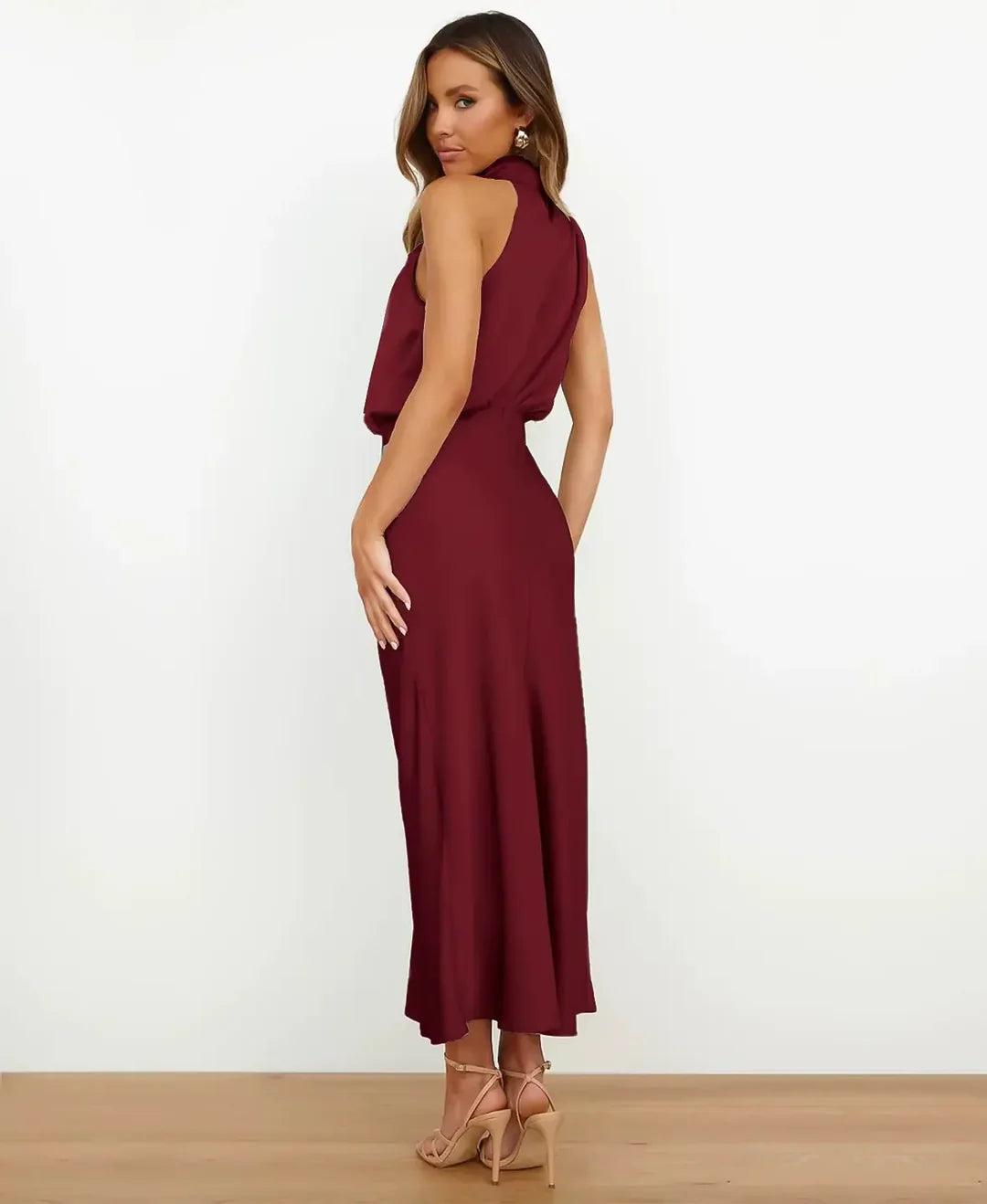 Catherine | Women’s Satin Halter-Style Formal Midi Dress