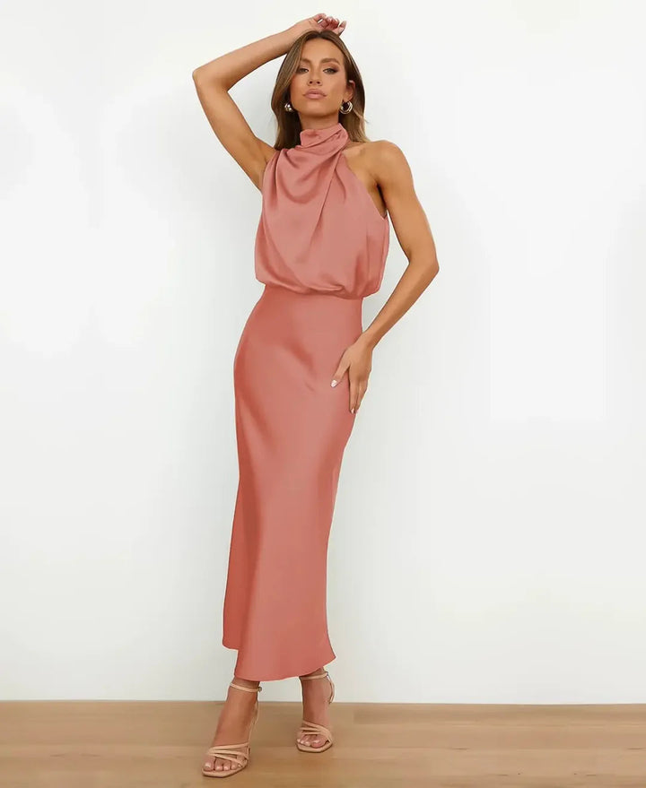 Catherine | Women’s Satin Halter-Style Formal Midi Dress