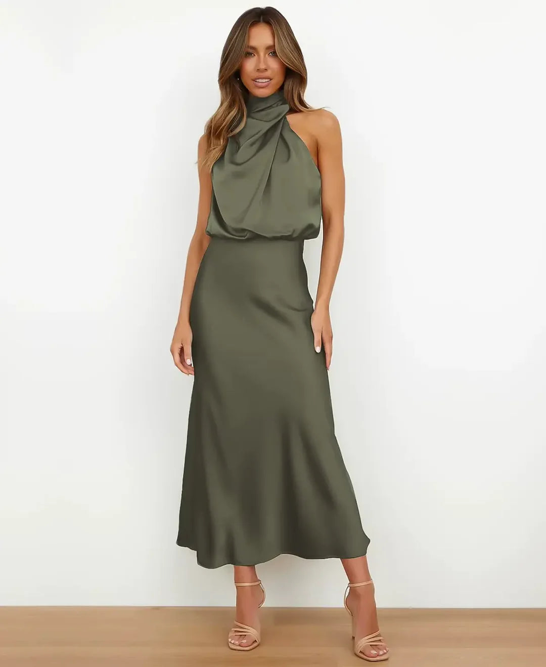 Catherine | Women’s Satin Halter-Style Formal Midi Dress