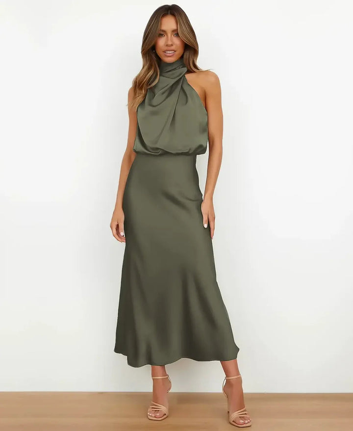 Catherine | Women’s Satin Halter-Style Formal Midi Dress