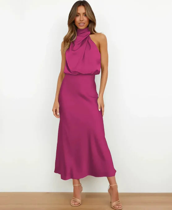 Catherine | Women’s Satin Halter-Style Formal Midi Dress