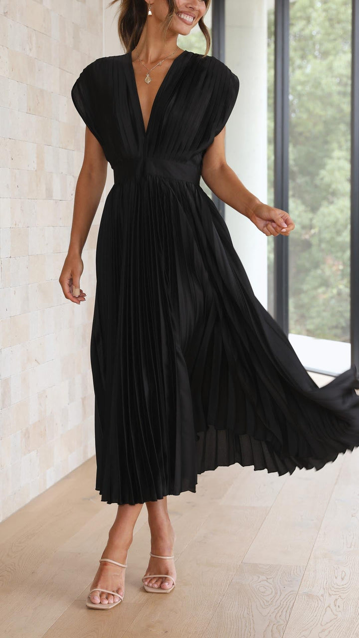 Audrey | Women Elegant Deep V Pleated Midi Dress