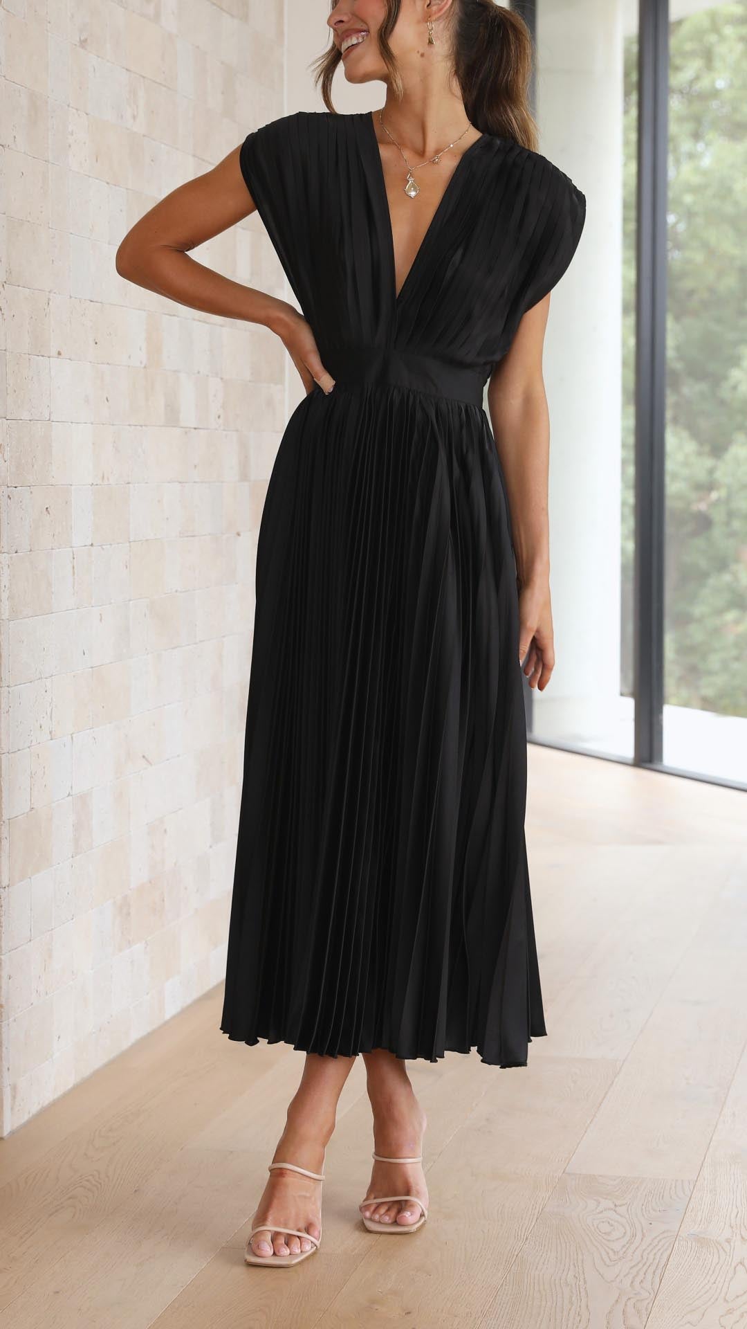 Audrey | Women Elegant Deep V Pleated Midi Dress