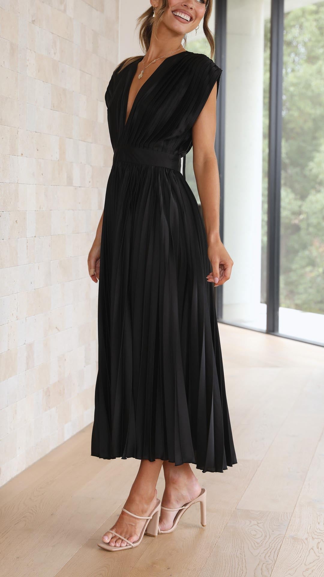 Audrey | Women Elegant Deep V Pleated Midi Dress