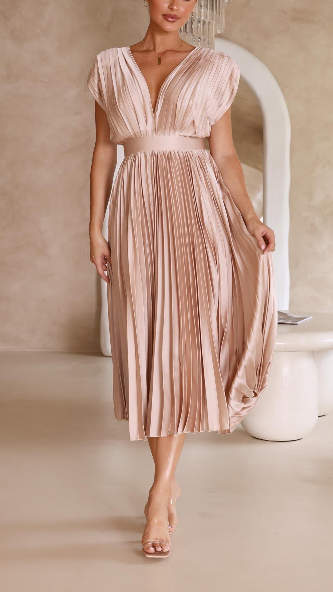 Audrey | Women Elegant Deep V Pleated Midi Dress