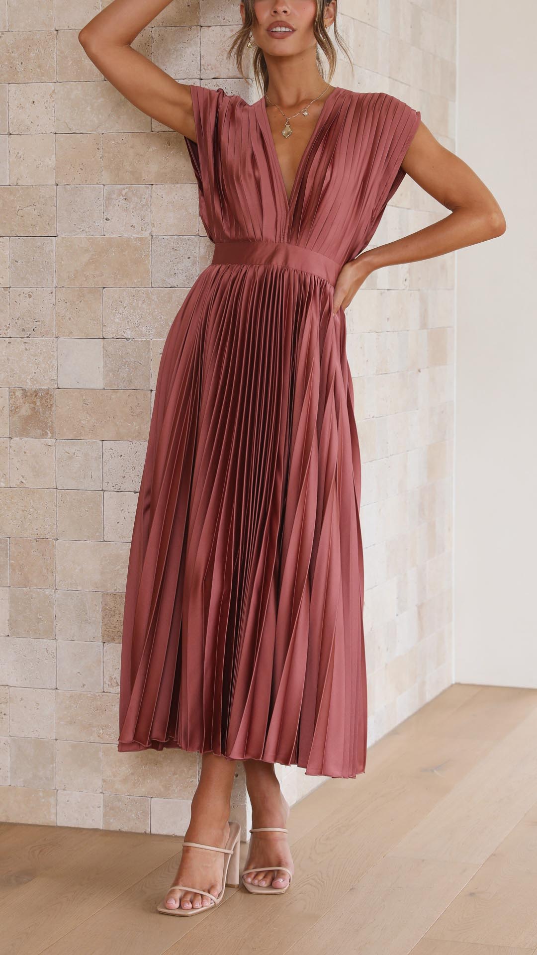 Audrey | Women Elegant Deep V Pleated Midi Dress