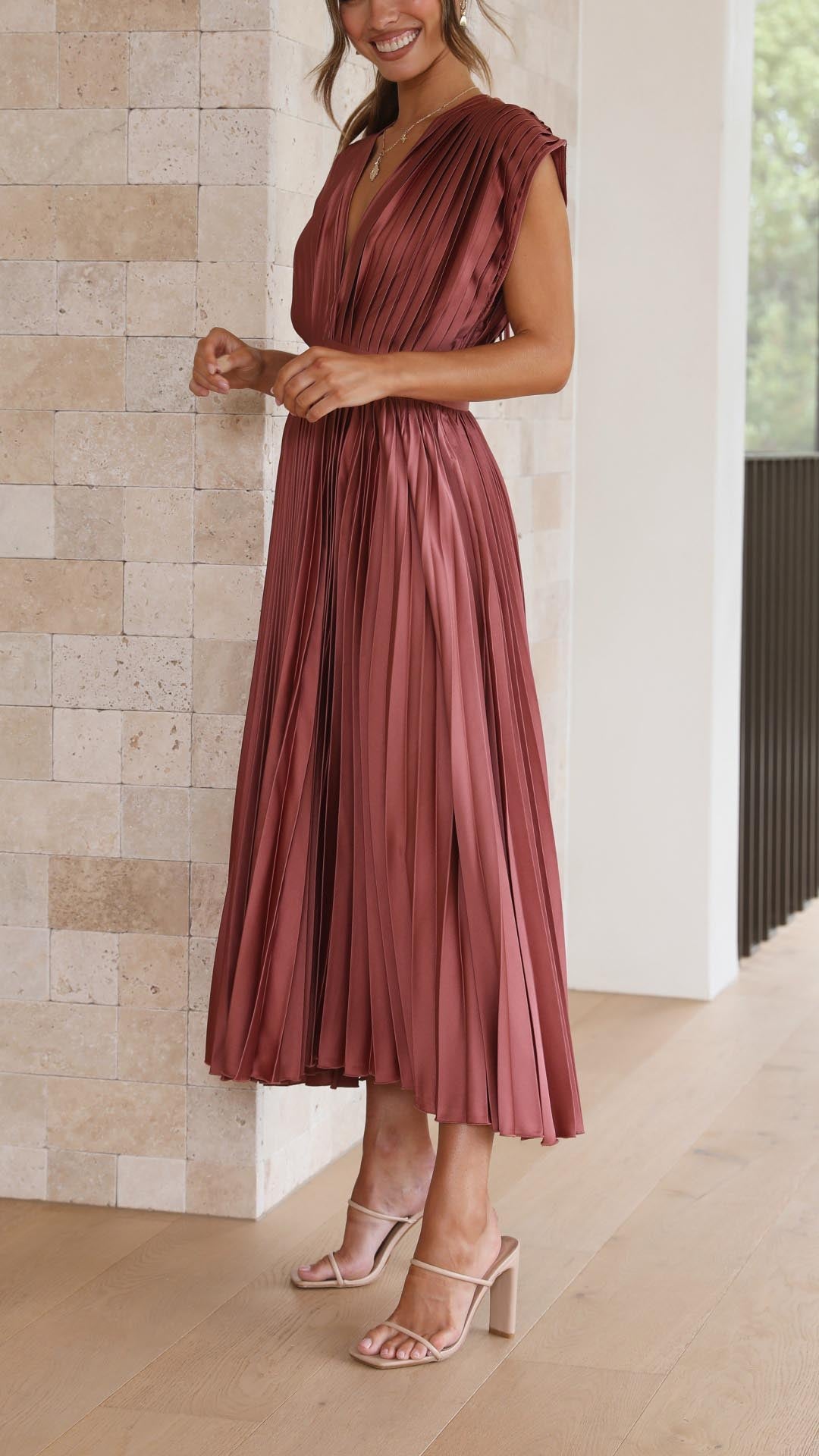 Audrey | Women Elegant Deep V Pleated Midi Dress