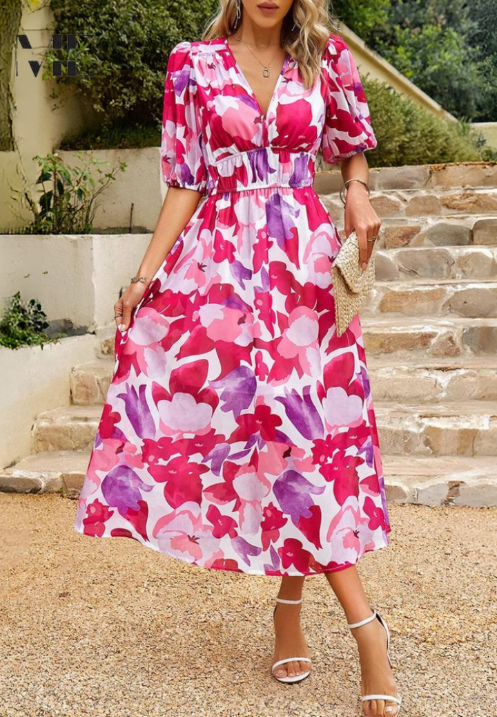 Ava | Women Colorful Floral V Neck Midi Dress